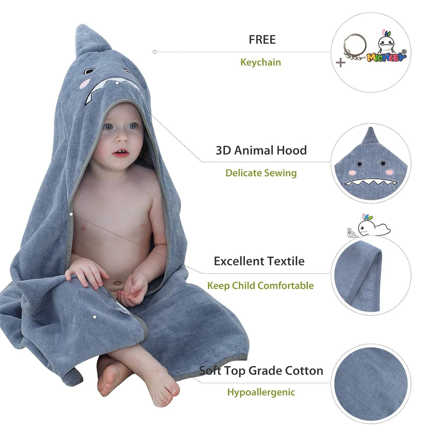 MICHLEY Shark Hooded Towel for Kids Soft Cotton Baby Beach Cover Up Swim Robe