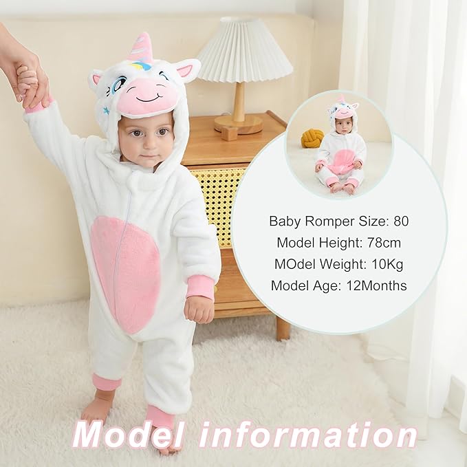MICHLEY White Unicorn Baby Costume Winter Flannel Hooded Romper