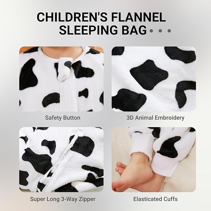 MICHLEY Kids Cow Print Sleep Sack – Flannel Farm Animal Pajamas with Legs