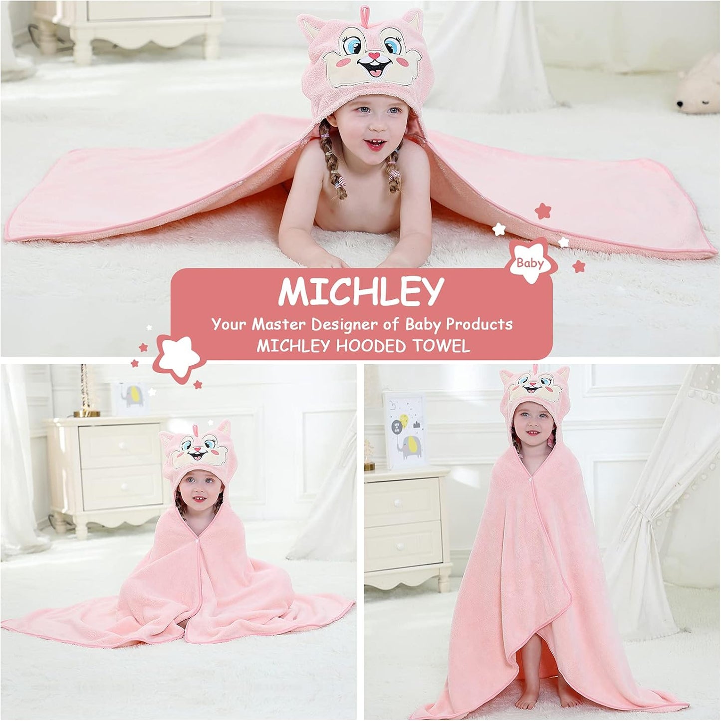 MICHLEY Pink Fox Hooded Baby Towel Soft Cotton Kids Swim Robe 27.5"x47"