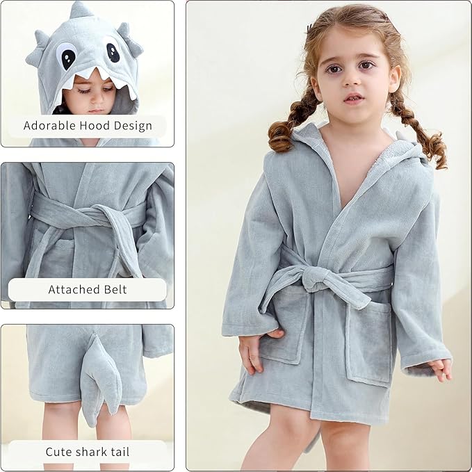 MICHLEY Baby Shark Hooded Bathrobe Soft Cotton Towel Robe