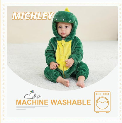 MICHLEY Green Dinosaur Baby Costume Winter Flannel Hooded Romper
