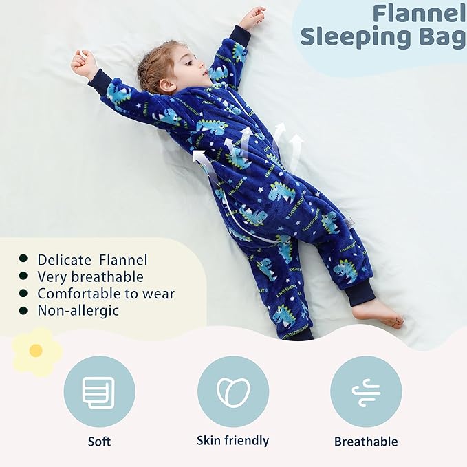 MICHLEY Navy Dino Toddler Flannel Sleeping Sack with Feet