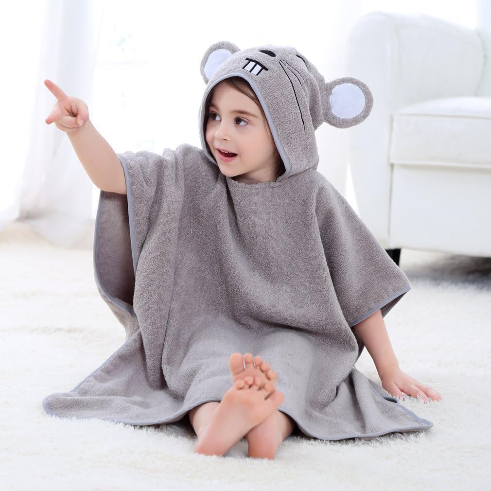 MICHLEY Kids Grey Mouse Hooded Bath Poncho Soft Cotton Towel Cape