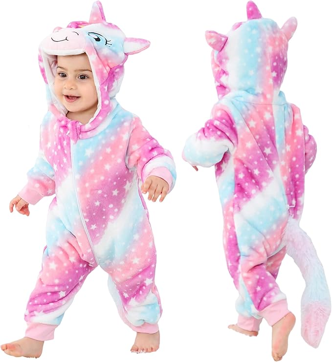 MICHLEY Starry Unicorn Baby Costume Winter Flannel Hooded Romper