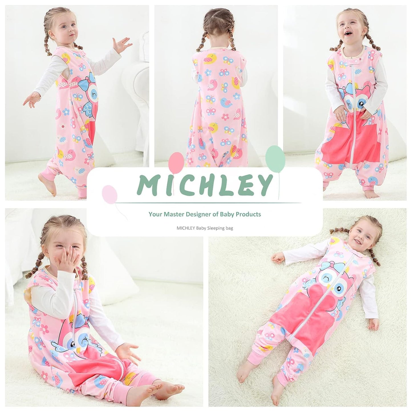 MICHLEY Pink Owl Toddler Wearable Blanket with Feet Winter Sleeveless Sleep Sack