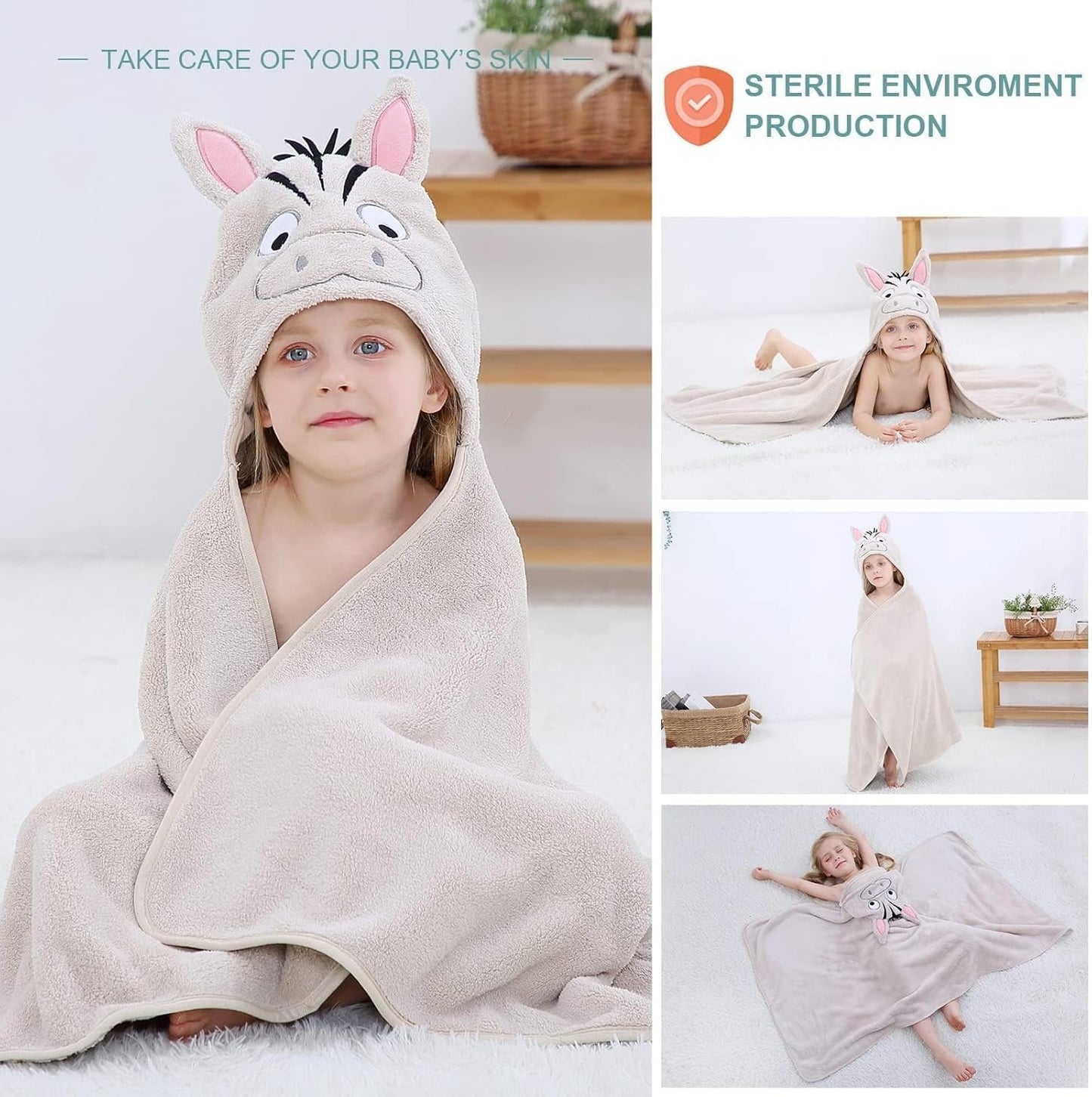 MICHLEY Zebra Hooded Baby Towel Soft Cotton Kids Swim Robe 27.5"x47"