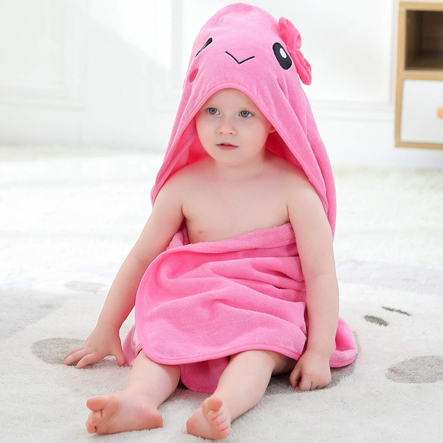 MICHLEY Pink Hooded Towel with Cute Bow Cartoon Face Soft Cotton Baby Beach Cape
