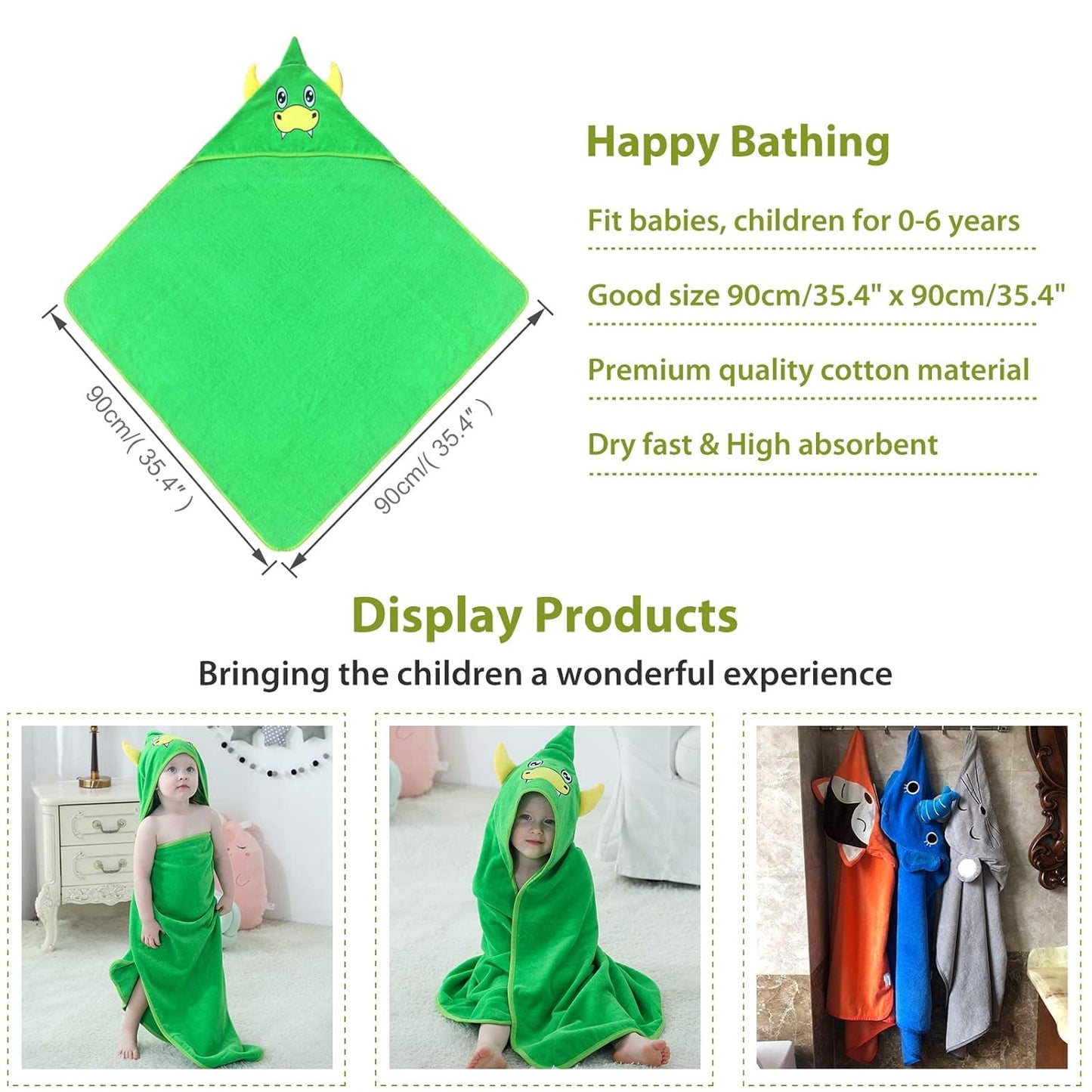 MICHLEY Green Dinosaur Baby Hooded Bath Towel Soft Beach Swimming Robe