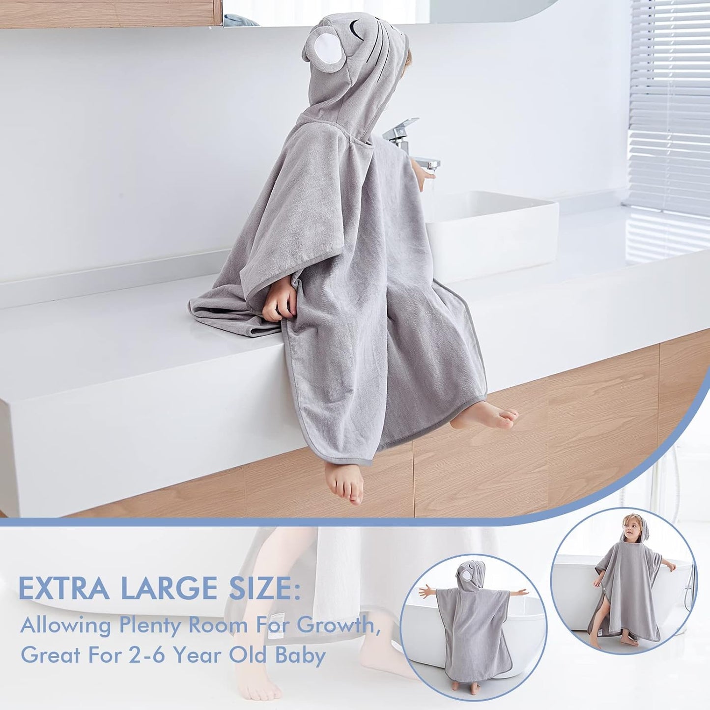 MICHLEY Kids Grey Mouse Hooded Bath Poncho Soft Cotton Towel Cape