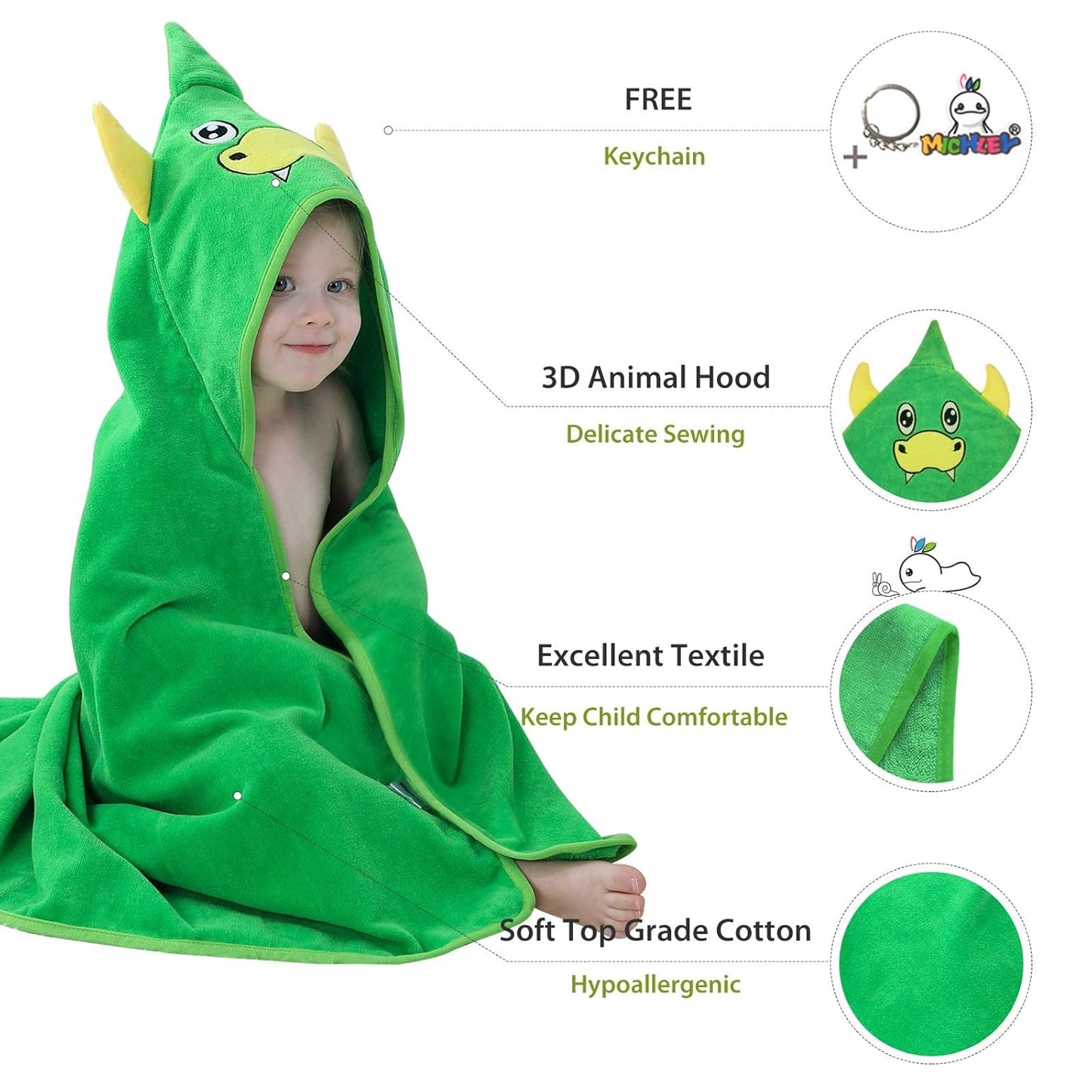 MICHLEY Green Dinosaur Baby Hooded Bath Towel Soft Beach Swimming Robe