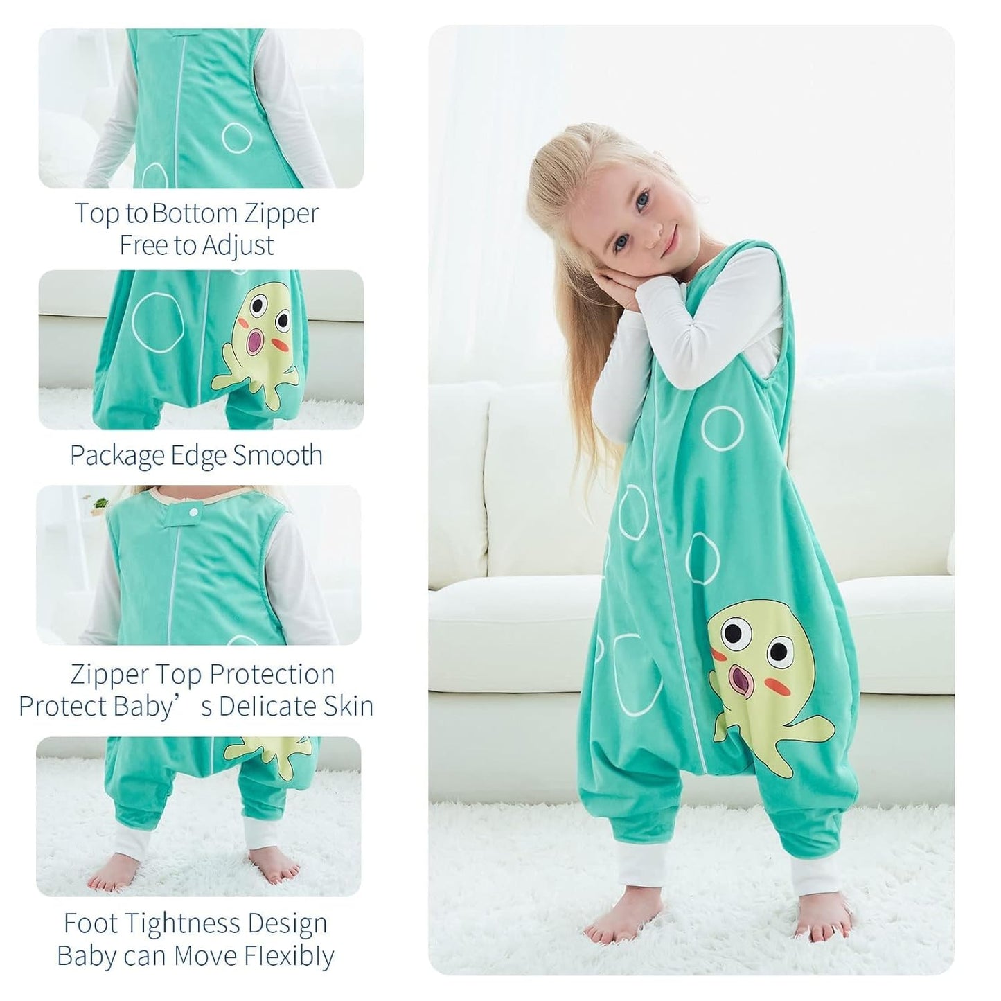MICHLEY Baby Green Octopus Sleeping Sack with Feet Sleeveless Wearable Blanket