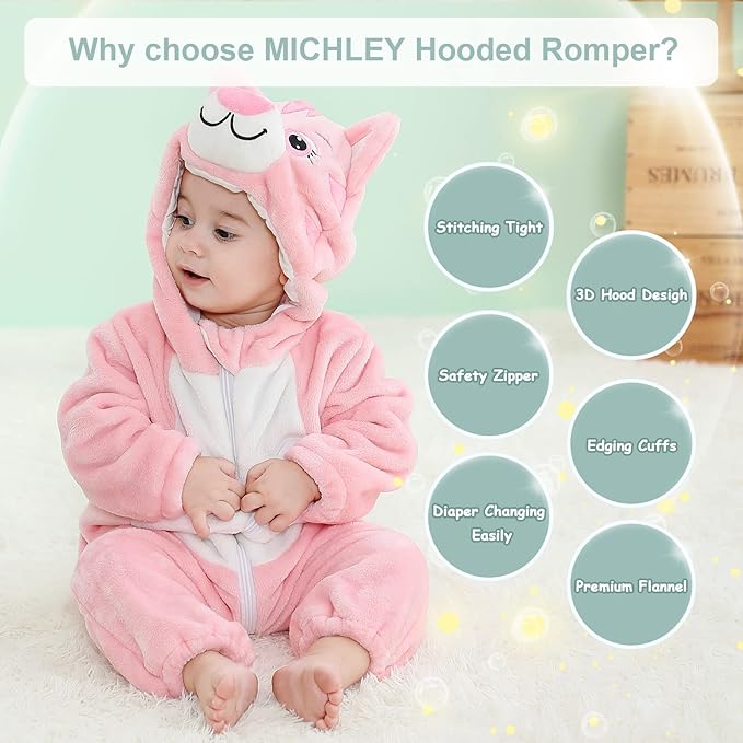 MICHLEY Pink Cat Baby Costume Winter Flannel Hooded Romper