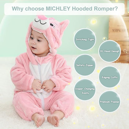 MICHLEY Pink Cat Baby Costume Winter Flannel Hooded Romper