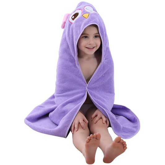 MICHLEY Baby Purple Owl Hooded Bathrobe Soft Cotton Towel Robe