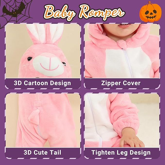 MICHLEY Pink Bunny Baby Costume Winter Flannel Hooded Romper