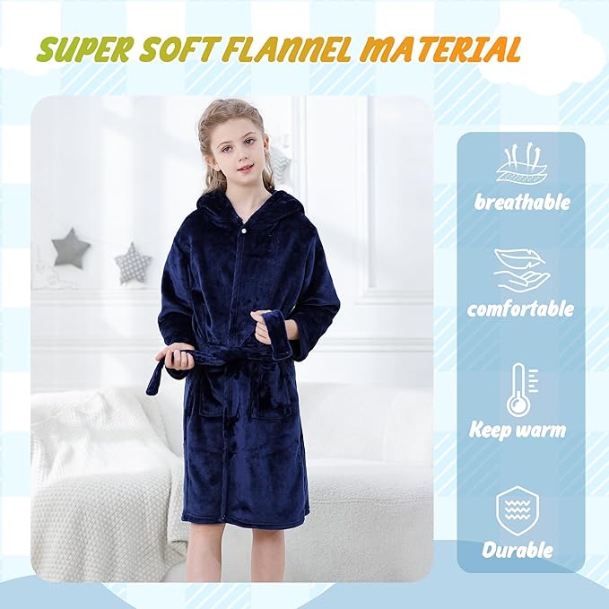 MICHLEY Kids Blue Shark Hooded Bathrobe Soft Flannel Animal Sleepwear
