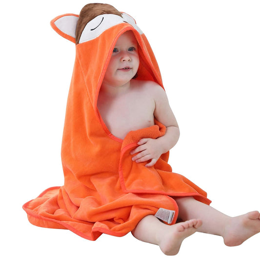 MICHLEY Baby Orange Fox Hooded Bathrobe Soft Cotton Towel Robe