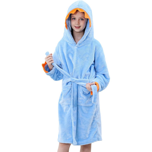 MICHLEY Kids Blue Dragon Hooded Bathrobe with Orange Spikes Flannel Sleepwear