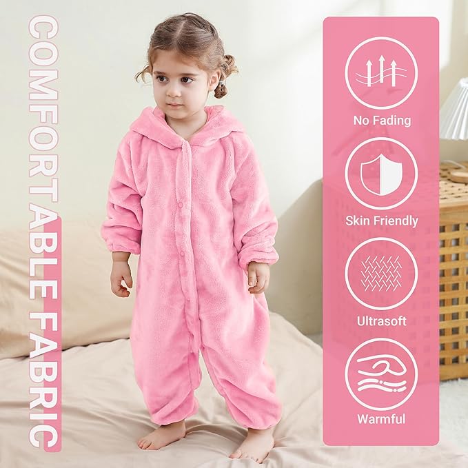 MICHLEY Baby Adorable Pink Bear Hooded Romper Soft Flannel Animal Costume