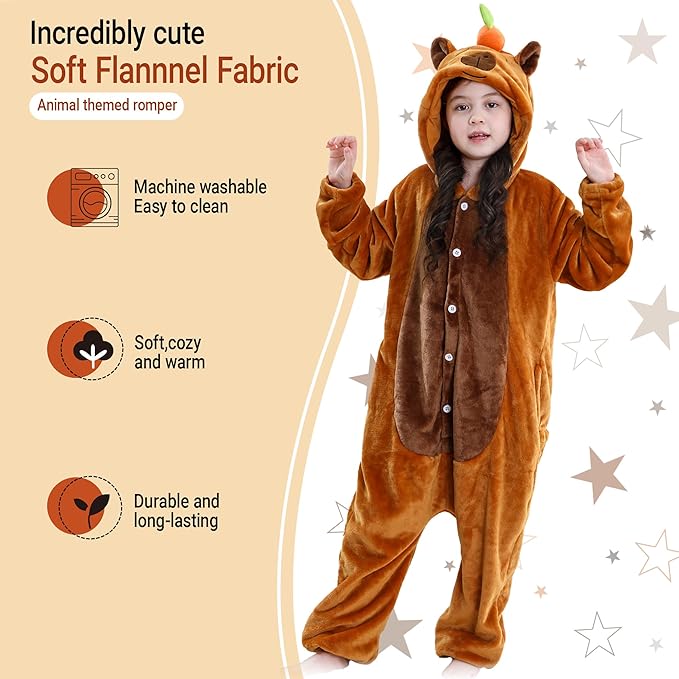 MICHLEY Kids Brown Capybara Hooded Romper Flannel Halloween Cosplay Pajamas