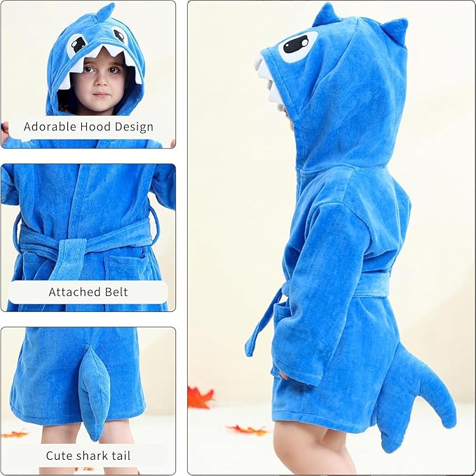 MICHLEY Baby Shark Hooded Bathrobe Soft Cotton Towel Robe