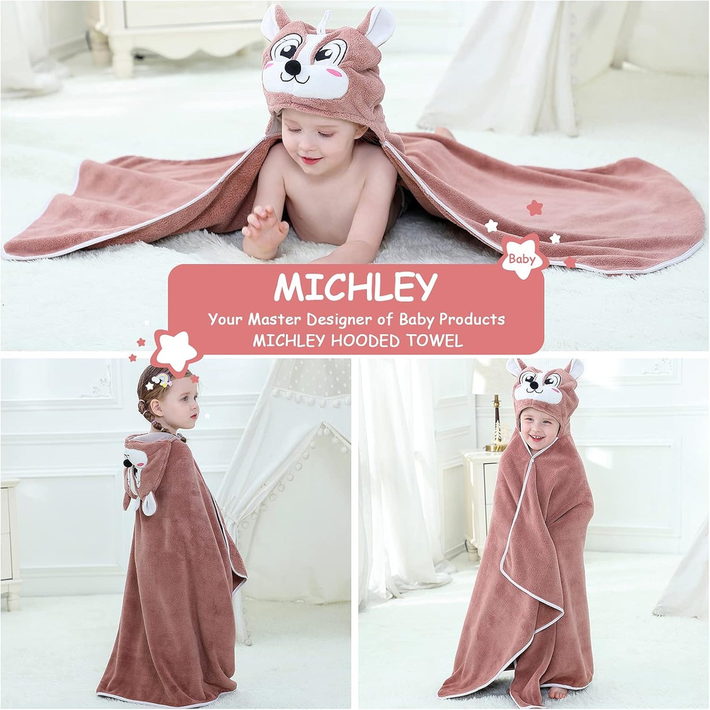 MICHLEY Brown Squirrel Hooded Baby Towel Soft Cotton Kids Swim Robe 27.5"x47"