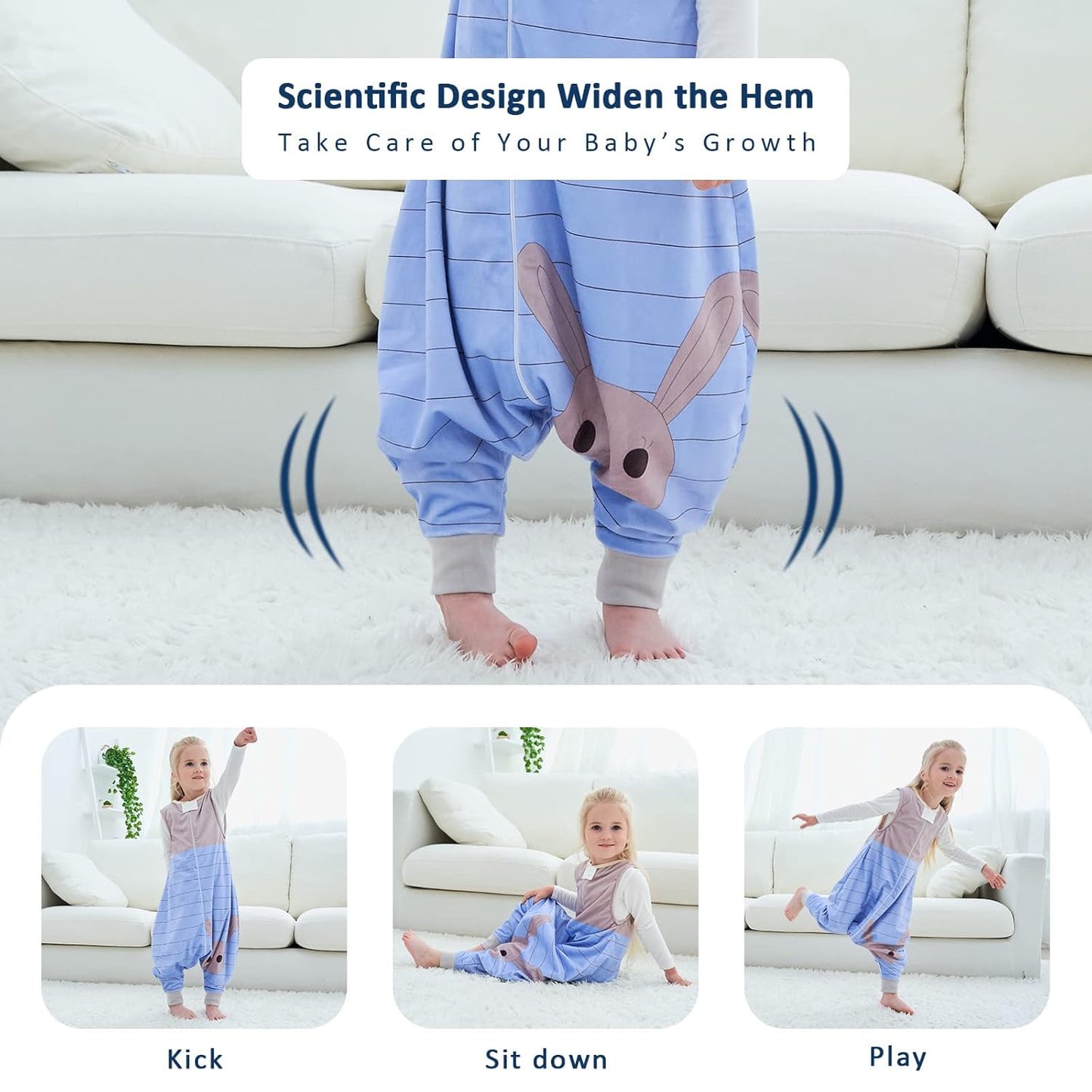 MICHLEY Baby Blue Striped Rabbit Sleeping Sack with Feet Sleeveless Wearable Blanket