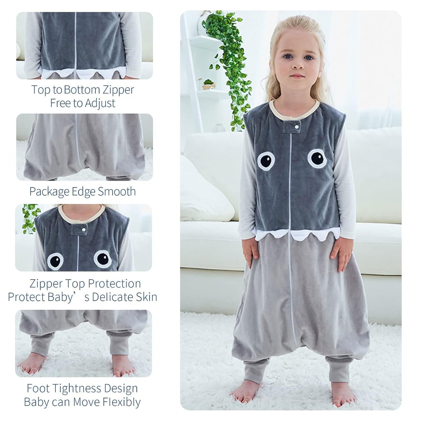 MICHLEY Baby Grey Cartoon Eyes Sleeping Sack with Feet Wearable Blanket