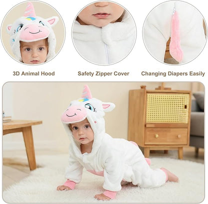 MICHLEY White Unicorn Baby Costume Winter Flannel Hooded Romper