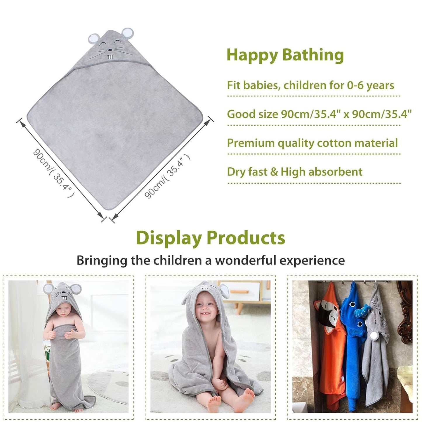 MICHLEY Baby Grey Mouse Hooded Bathrobe Soft Cotton Towel Robe