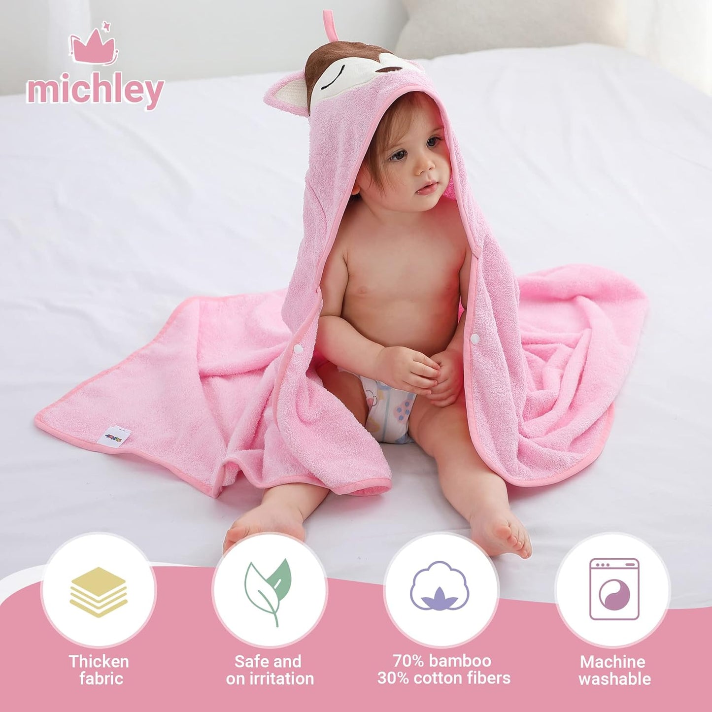 MICHLEY Pink Fox Bamboo Viscose Baby Hooded Towel Ultra-Soft