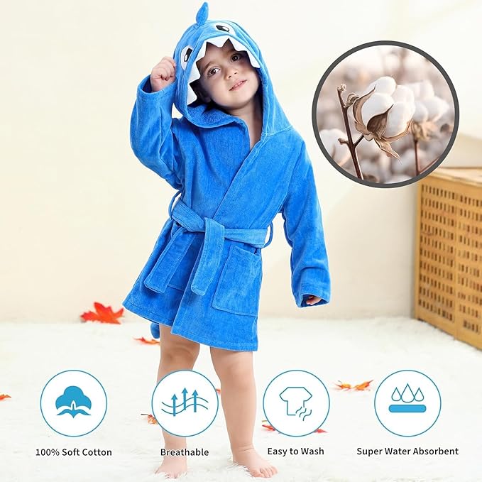 MICHLEY Baby Shark Hooded Bathrobe Soft Cotton Towel Robe