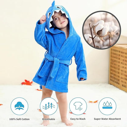 MICHLEY Baby Shark Hooded Bathrobe Soft Cotton Towel Robe