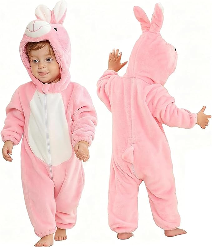 MICHLEY Pink Bunny Baby Costume Winter Flannel Hooded Romper