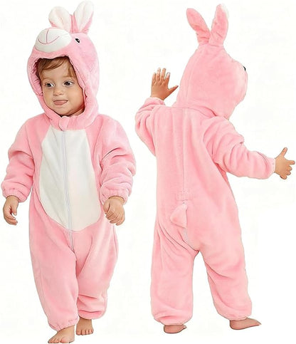 MICHLEY Pink Bunny Baby Costume Winter Flannel Hooded Romper