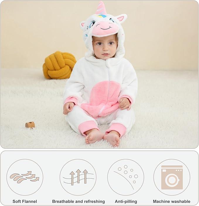 MICHLEY White Unicorn Baby Costume Winter Flannel Hooded Romper