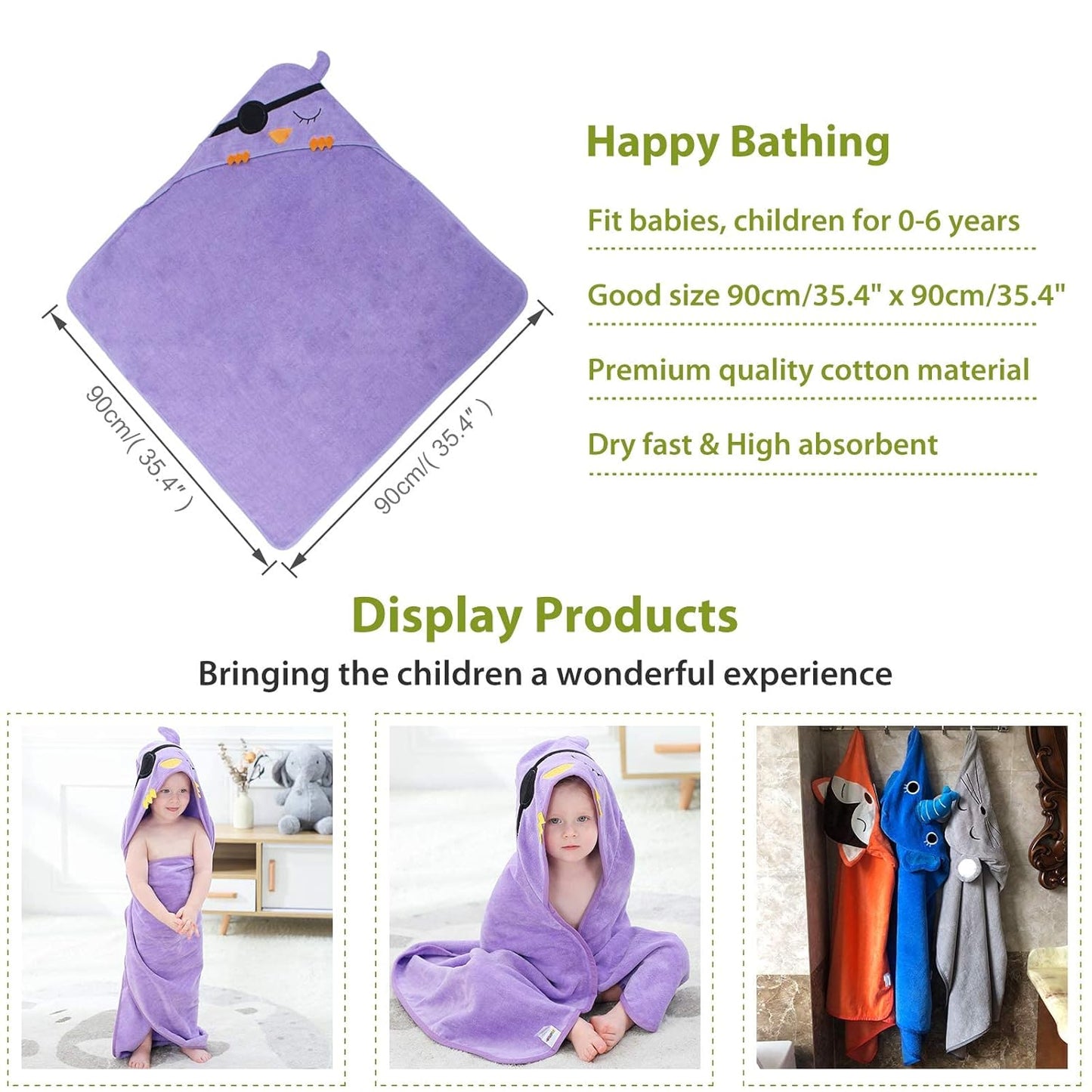 MICHLEY Baby Purple Pirate Bird Hooded Bathrobe Premium Cotton Towel Robe