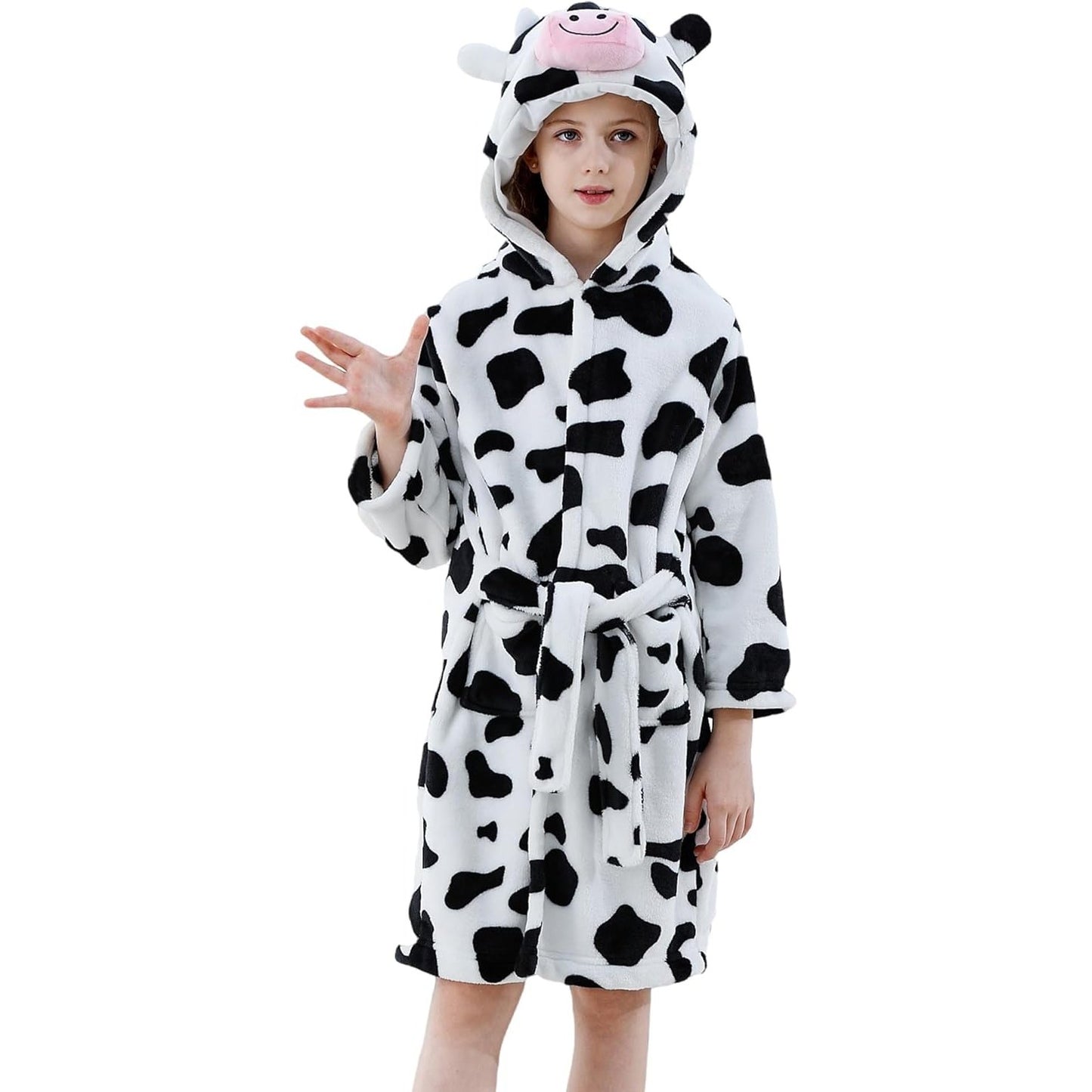 MICHLEY Kids Cow Hooded Bathrobe Soft Flannel Animal Sleepwear