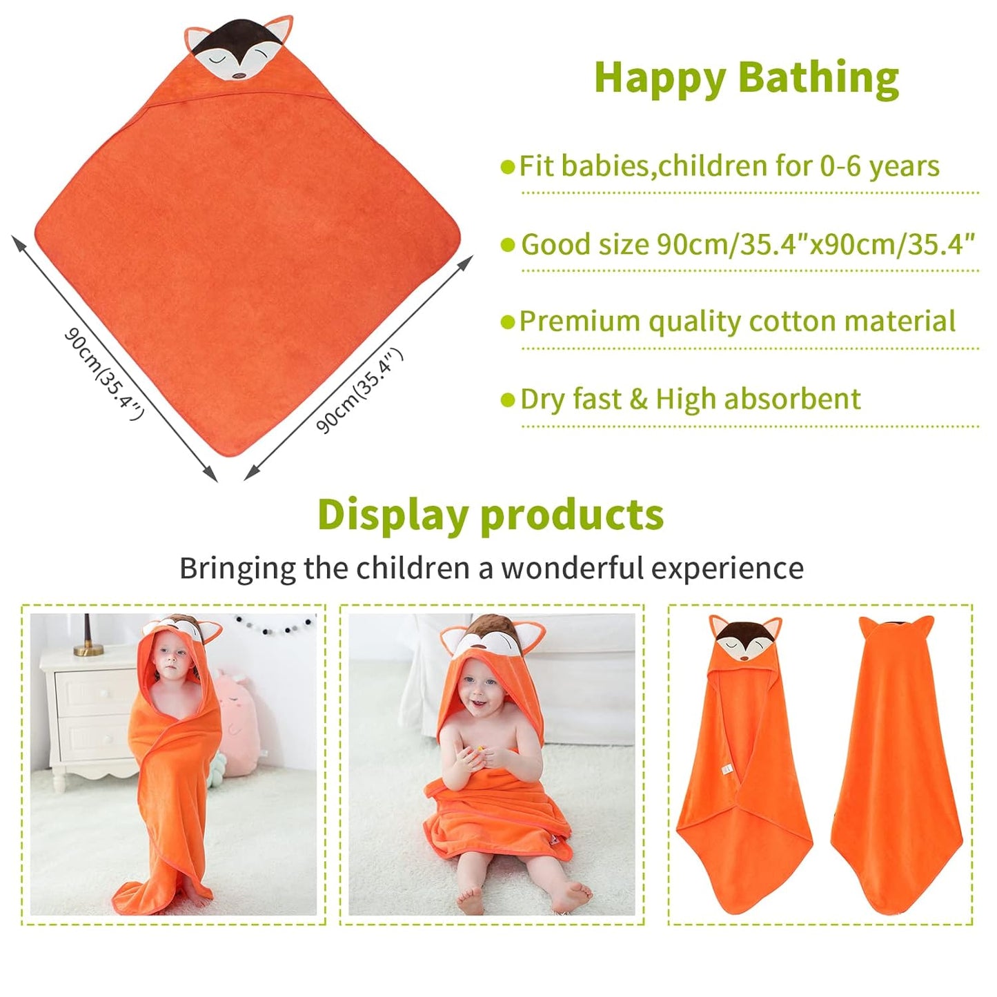 MICHLEY Baby Orange Fox Hooded Bathrobe Soft Cotton Towel Robe