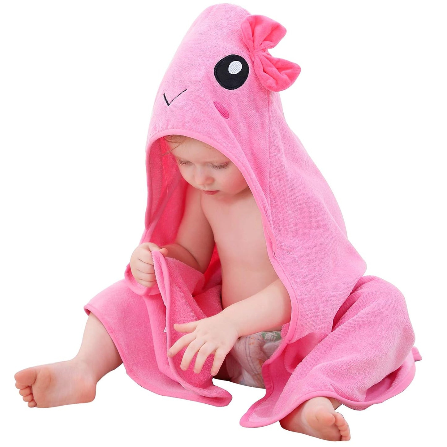 MICHLEY Pink Hooded Towel with Cute Bow Cartoon Face Soft Cotton Baby Beach Cape