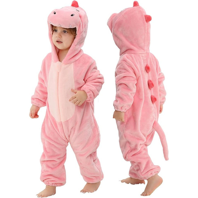Baby wearing a MICHLEY pink unicorn hooded flannel romper