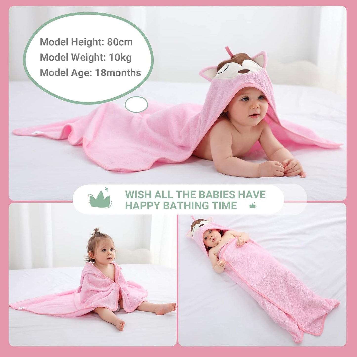 MICHLEY Pink Fox Bamboo Viscose Baby Hooded Towel Ultra-Soft