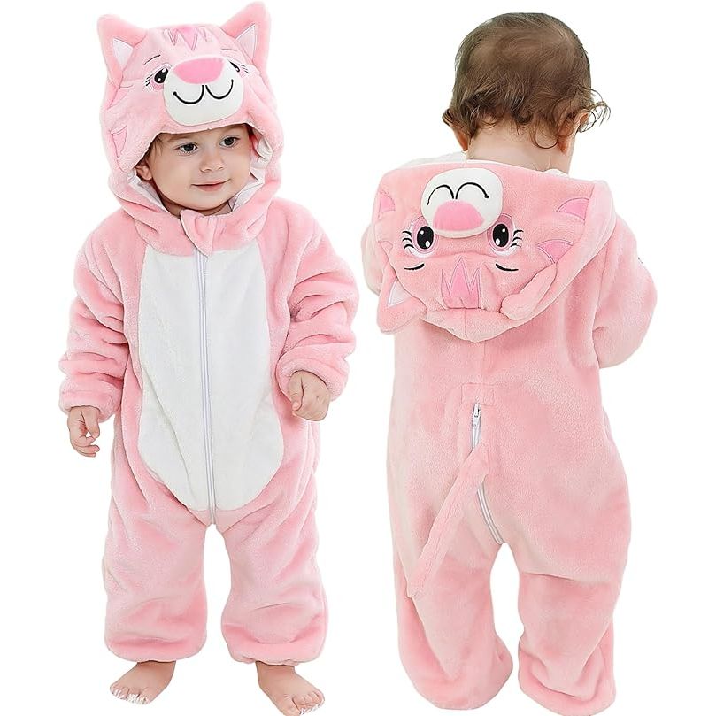 MICHLEY Pink Cat Baby Costume Winter Flannel Hooded Romper