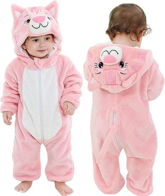 MICHLEY Pink Cat Baby Costume Winter Flannel Hooded Romper