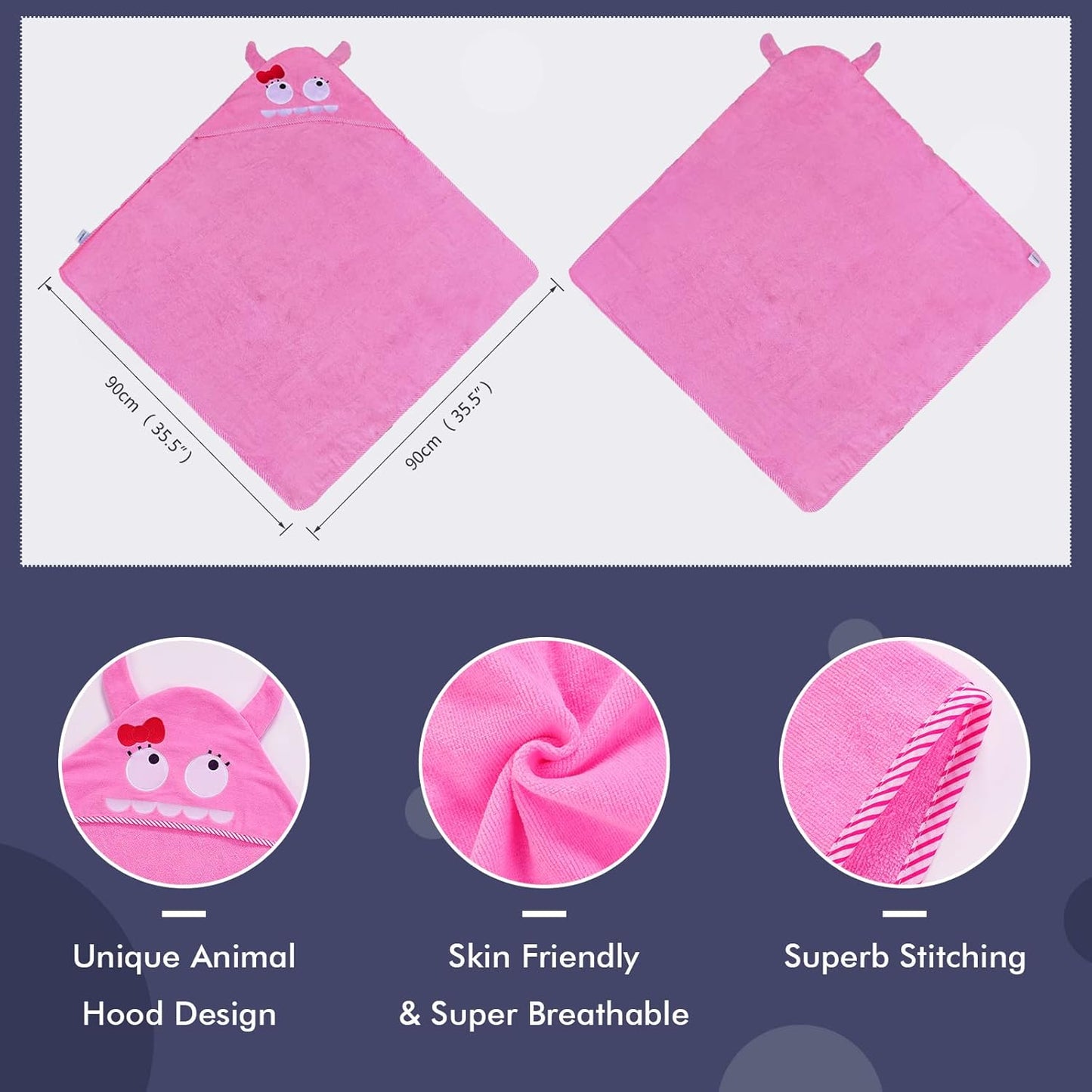 MICHLEY Baby Pink Monster Hooded Bathrobe Soft Cotton Towel Robe
