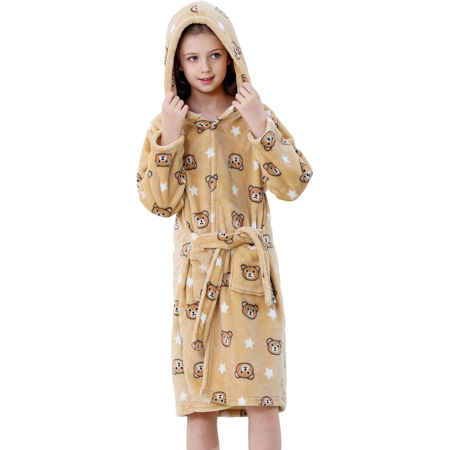 MICHLEY Kids Yellow Bear Hooded Bathrobe Soft Flannel Animal Sleepwear