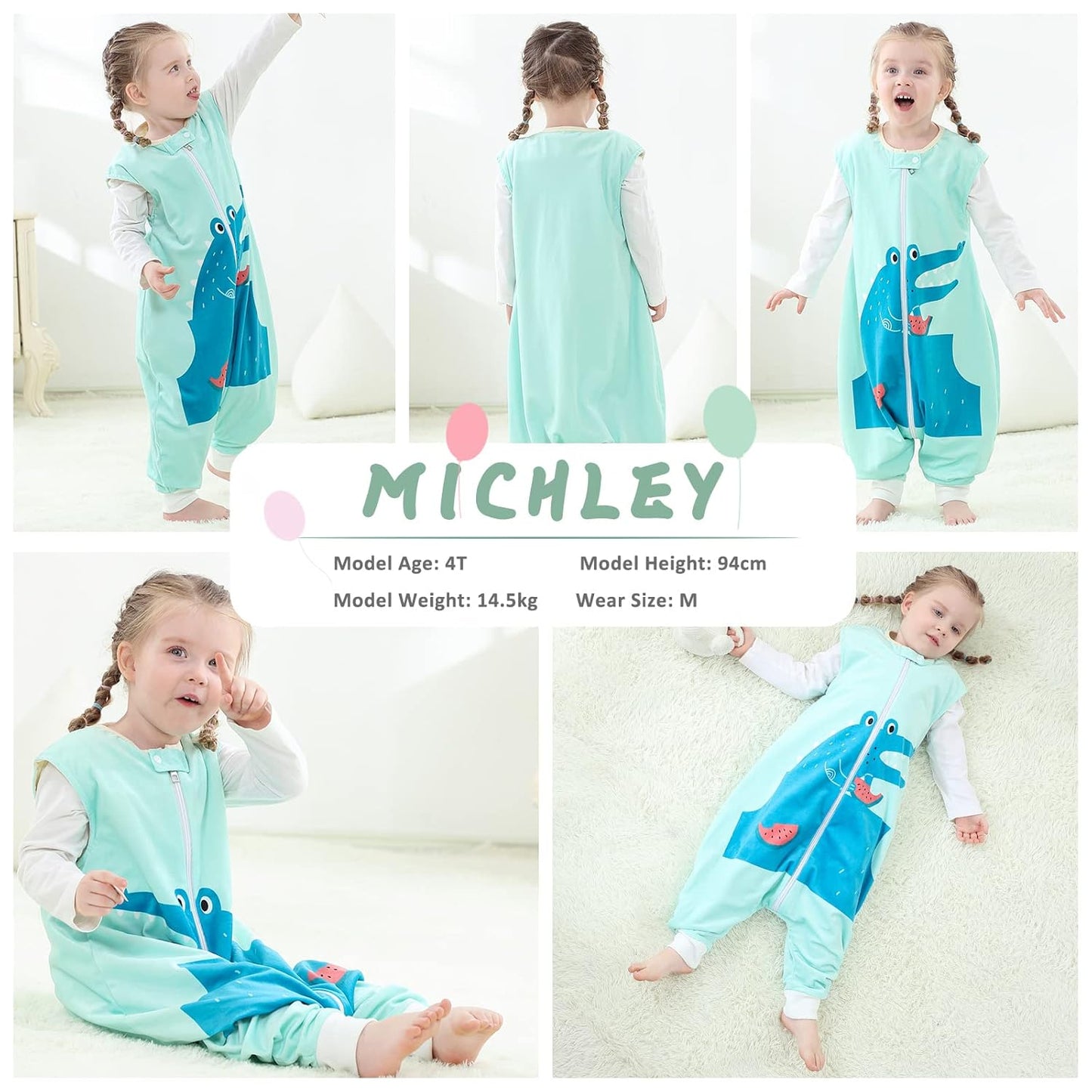 MICHLEY Cyan Crocodile Toddler Wearable Blanket with Feet Winter Sleeveless Sleep Sack