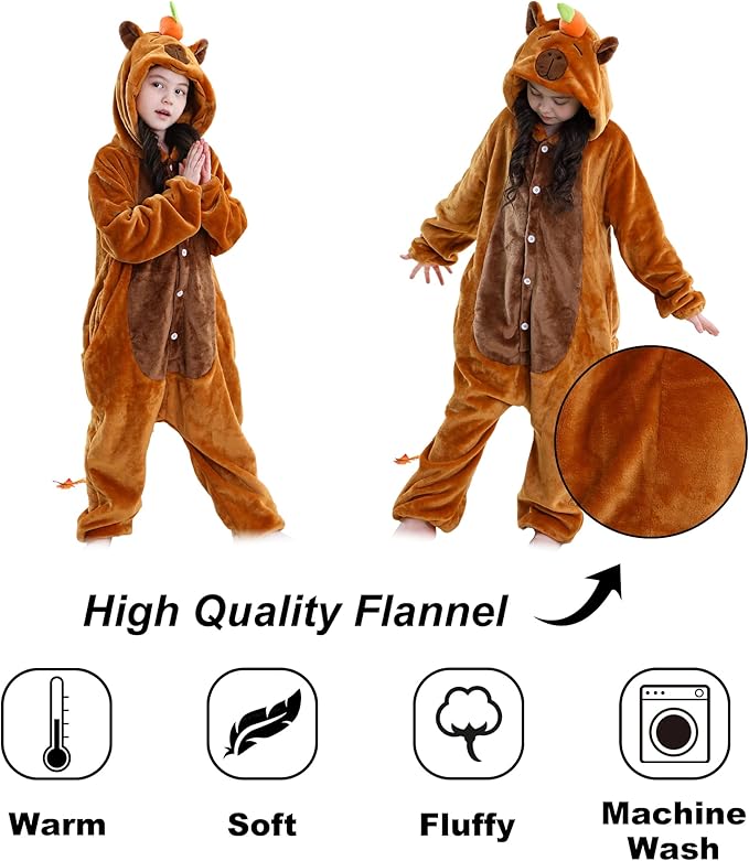 MICHLEY Kids Brown Capybara Hooded Romper Flannel Halloween Cosplay Pajamas