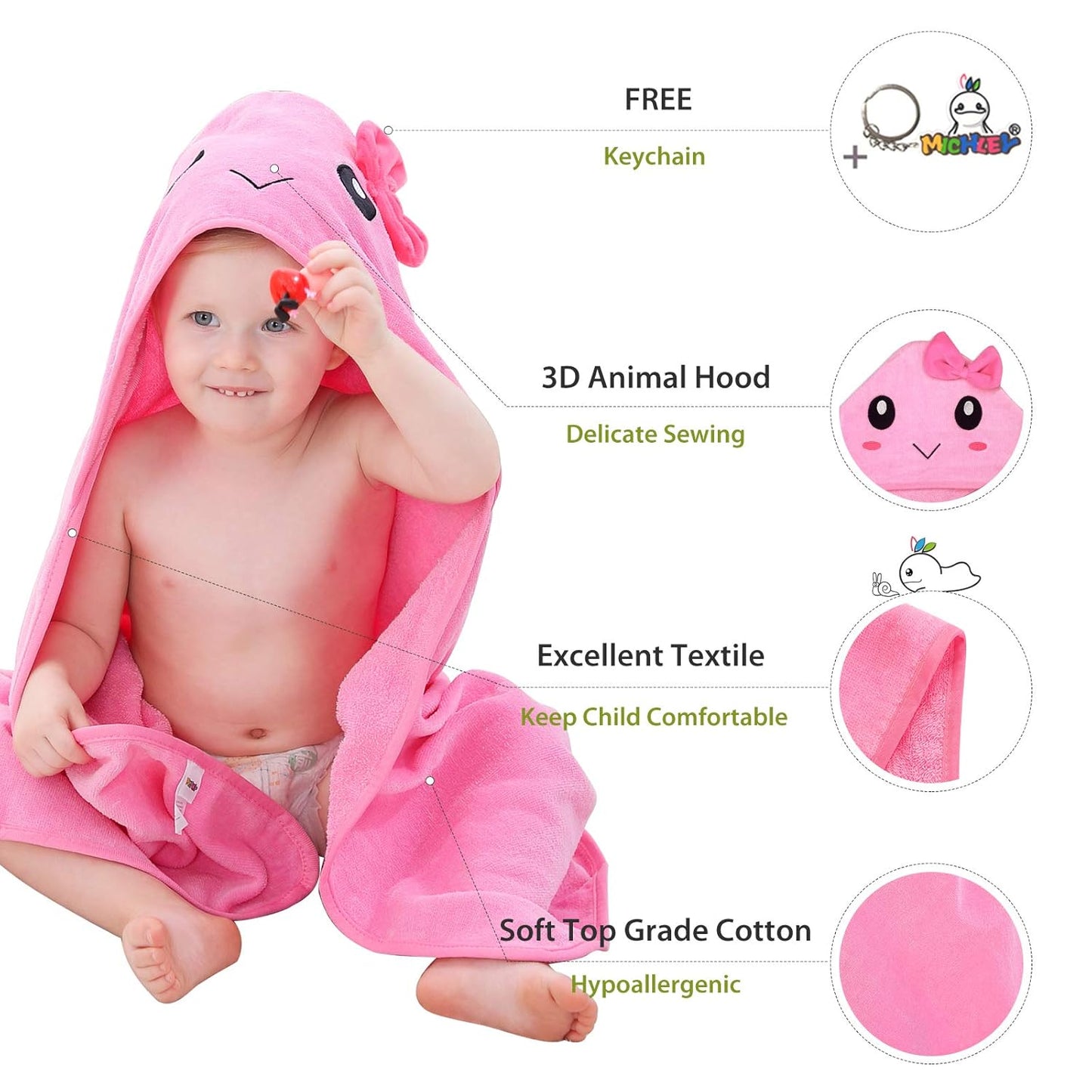 MICHLEY Pink Hooded Towel with Cute Bow Cartoon Face Soft Cotton Baby Beach Cape